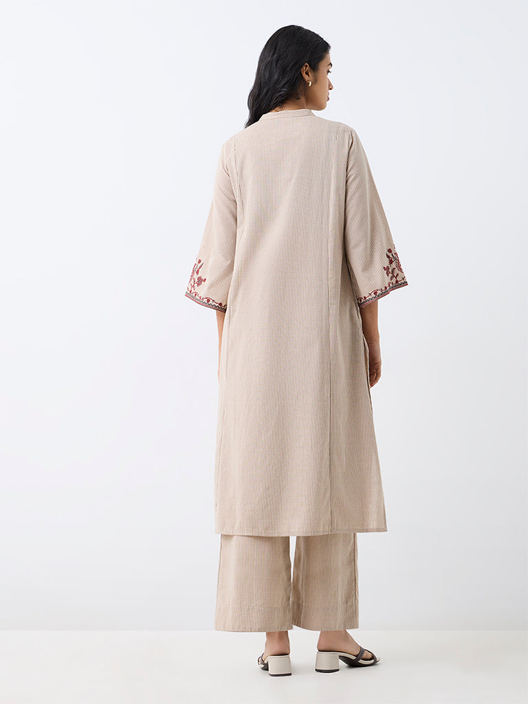 Utsa Light Beige Floral Embroidered Cotton-Blend A-Line Kurta