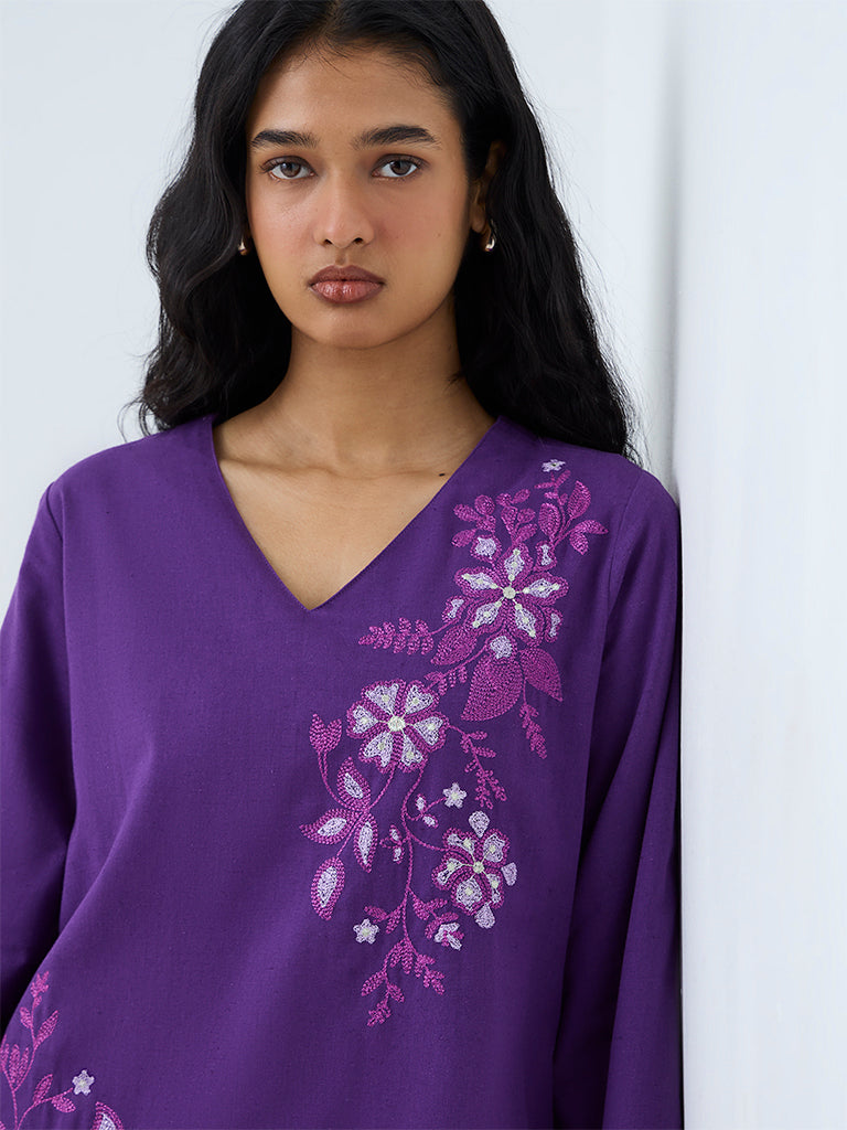 Utsa Purple Floral Embroidered Cotton-Blend A-Line Kurta