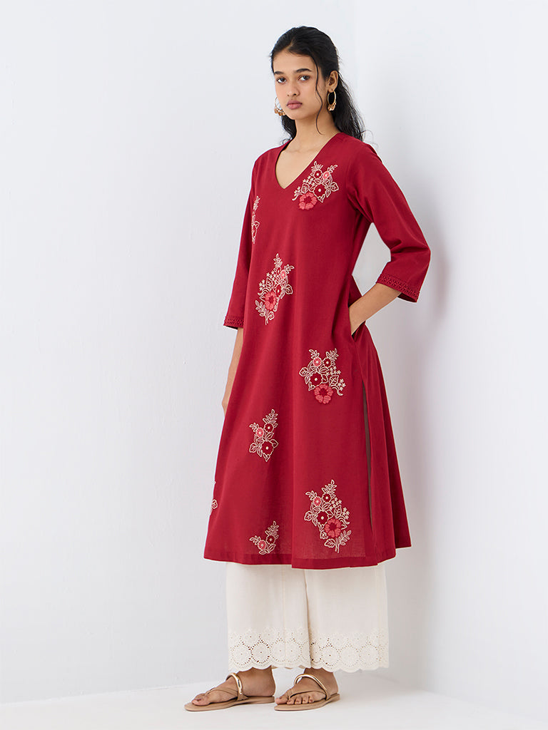 Utsa Red Floral Embroidered A-Line Kurta