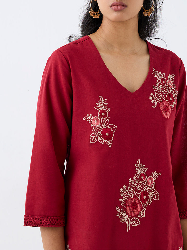Utsa Red Floral Embroidered A-Line Kurta