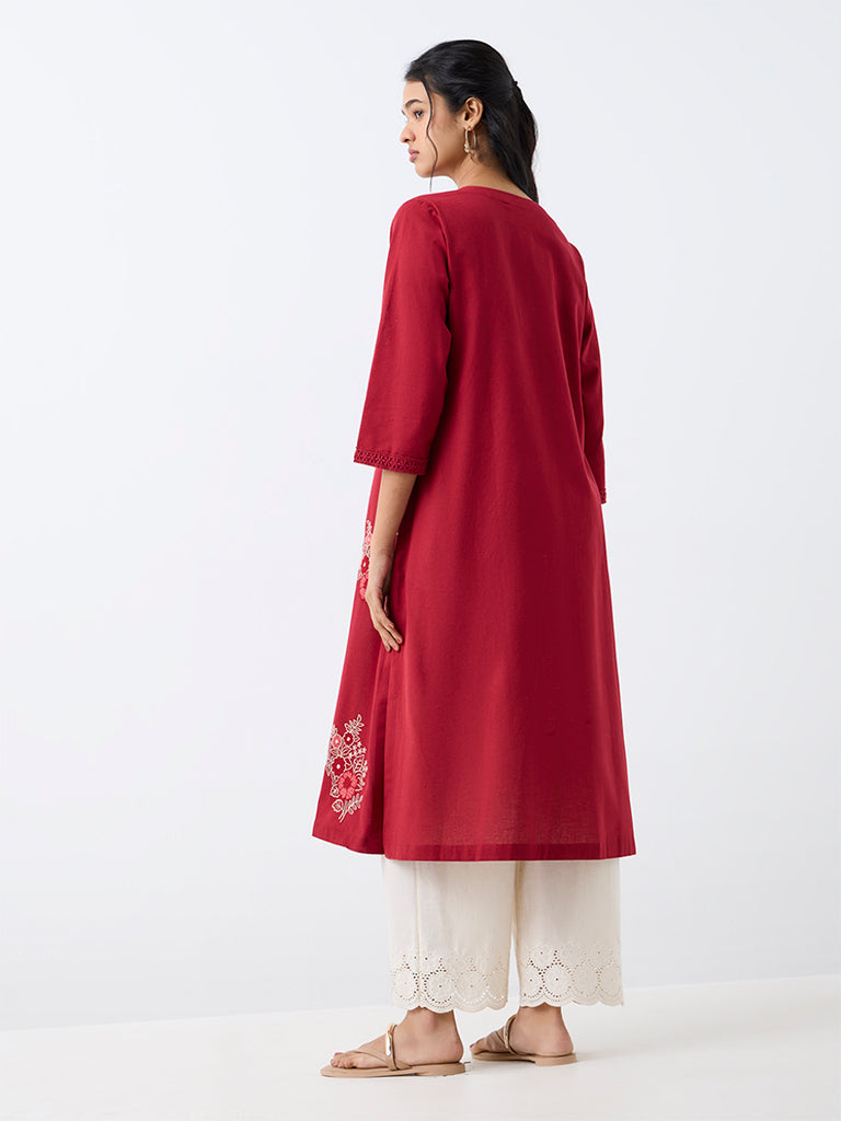 Utsa Red Floral Embroidered A-Line Kurta