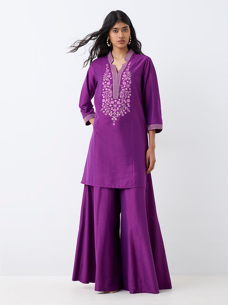 Utsa Purple Floral Embroidered A-Line Kurta