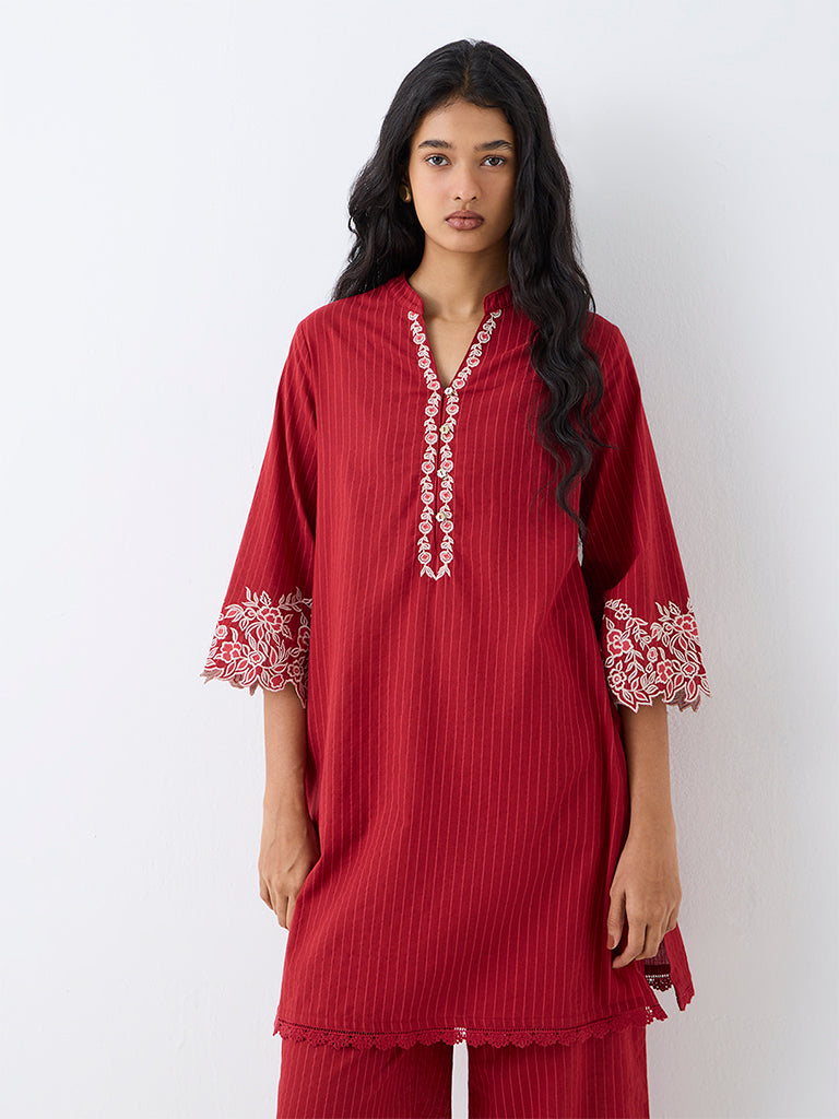 Utsa Red Striped Cotton Straight Kurta