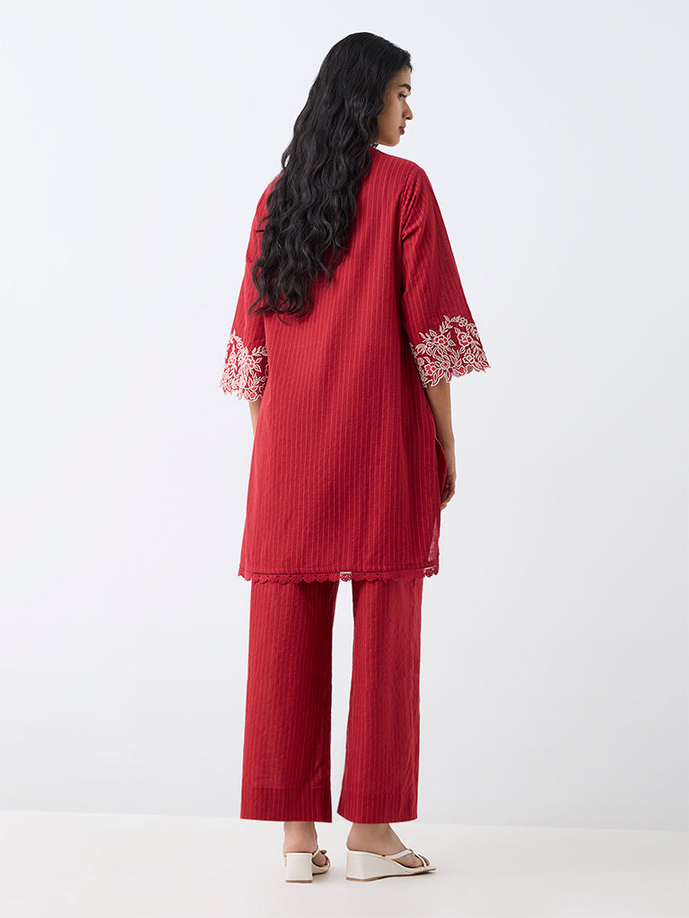 Utsa Red Striped Cotton Straight Kurta