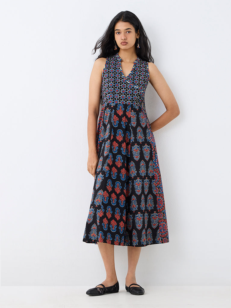 Utsa Black Floral Printed Cotton A-Line Dress