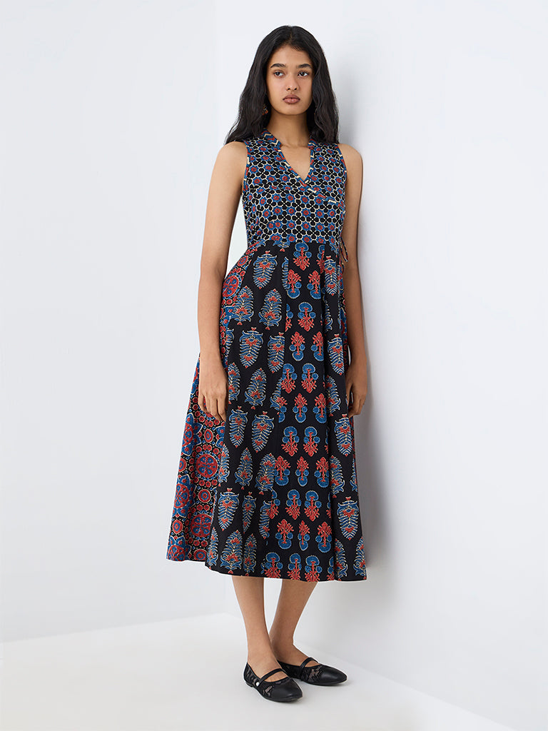 Utsa Black Floral Printed Cotton A-Line Dress