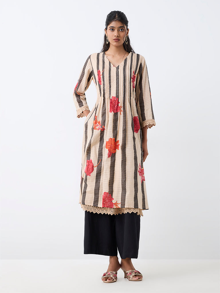 Utsa Peach Striped Cotton A-Line Kurta