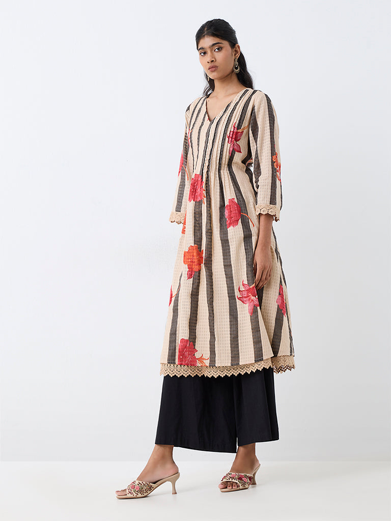 Utsa Peach Striped Cotton A-Line Kurta