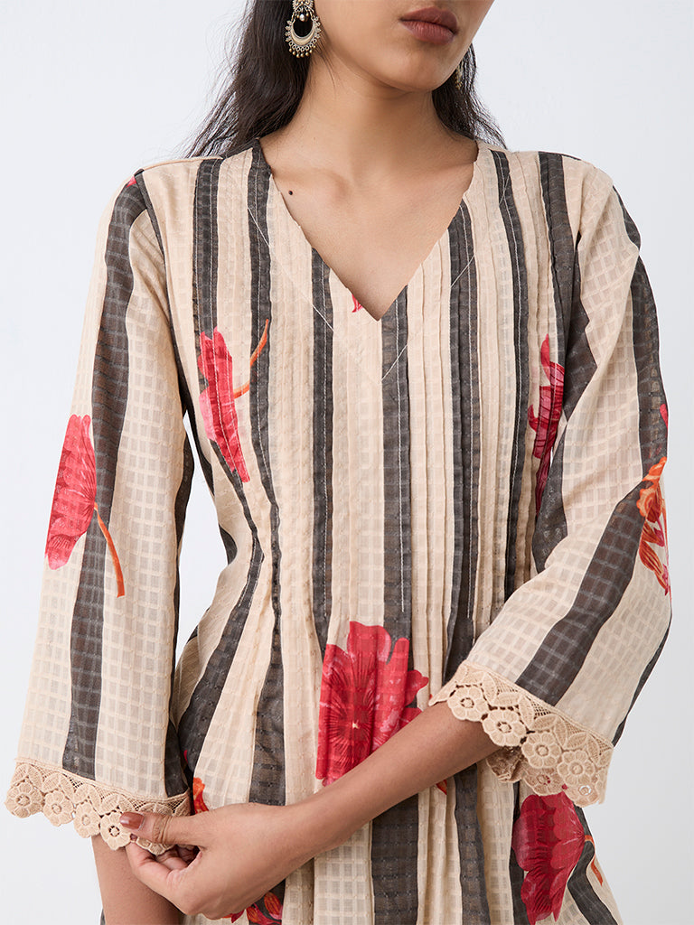 Utsa Peach Striped Cotton A-Line Kurta