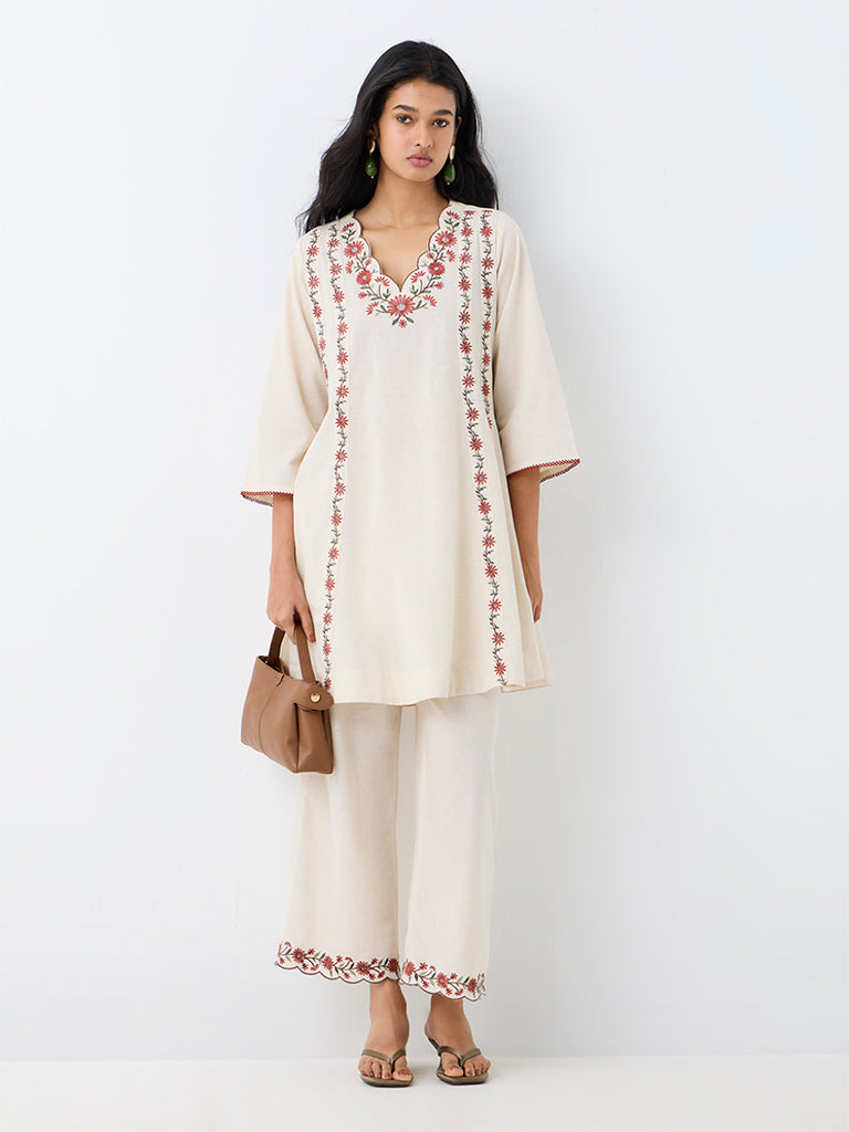Utsa Off-White Floral Embroidered Cotton-Blend A-Line Kurta