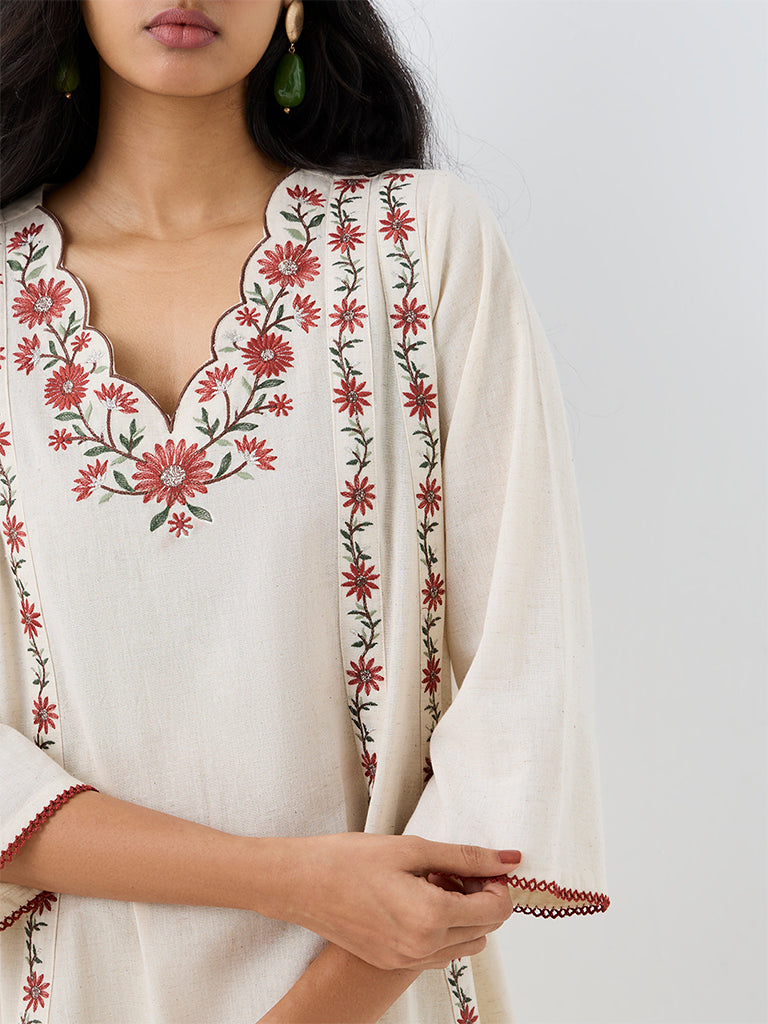 Utsa Off-White Floral Embroidered Cotton-Blend A-Line Kurta