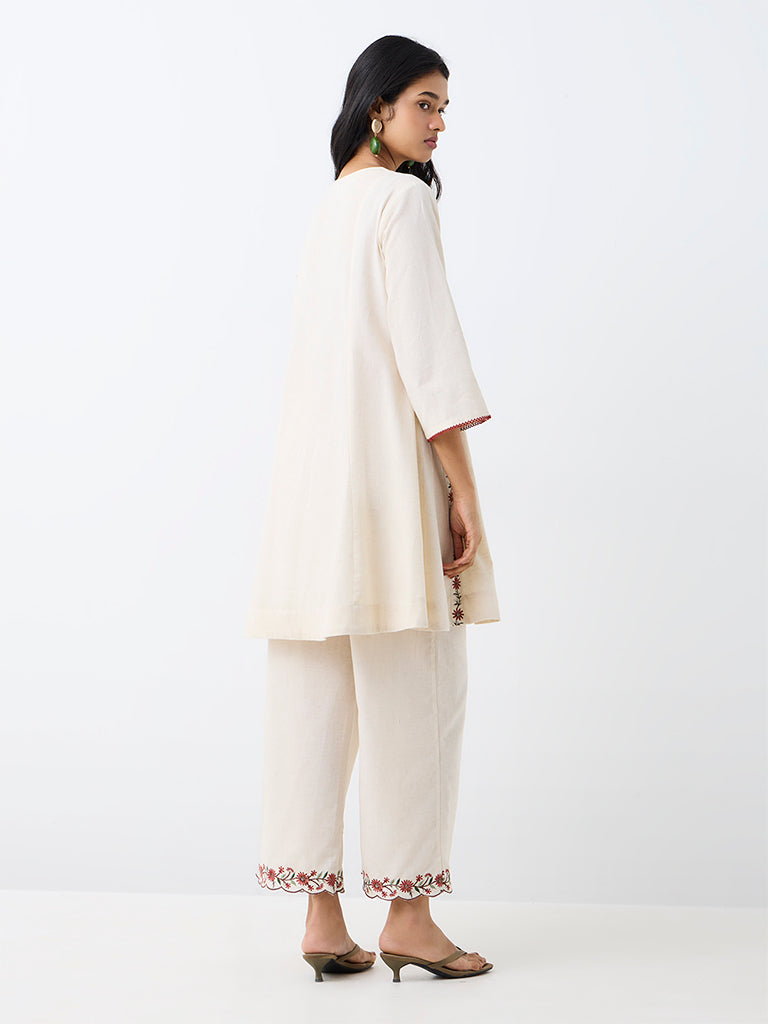Utsa Off-White Floral Embroidered Cotton-Blend A-Line Kurta
