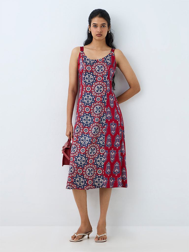 Utsa Red Floral Printed A-Line Dress