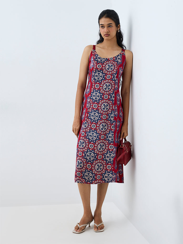 Utsa Red Floral Printed A-Line Dress