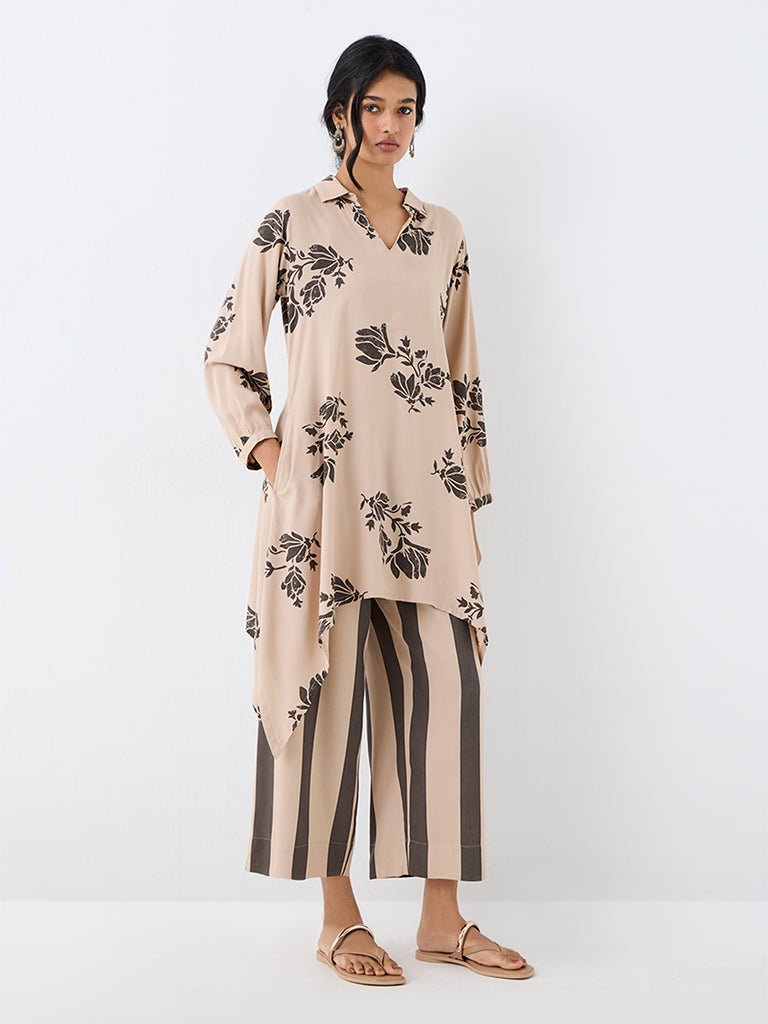Utsa Beige Floral Design Asymmetrical Kurta