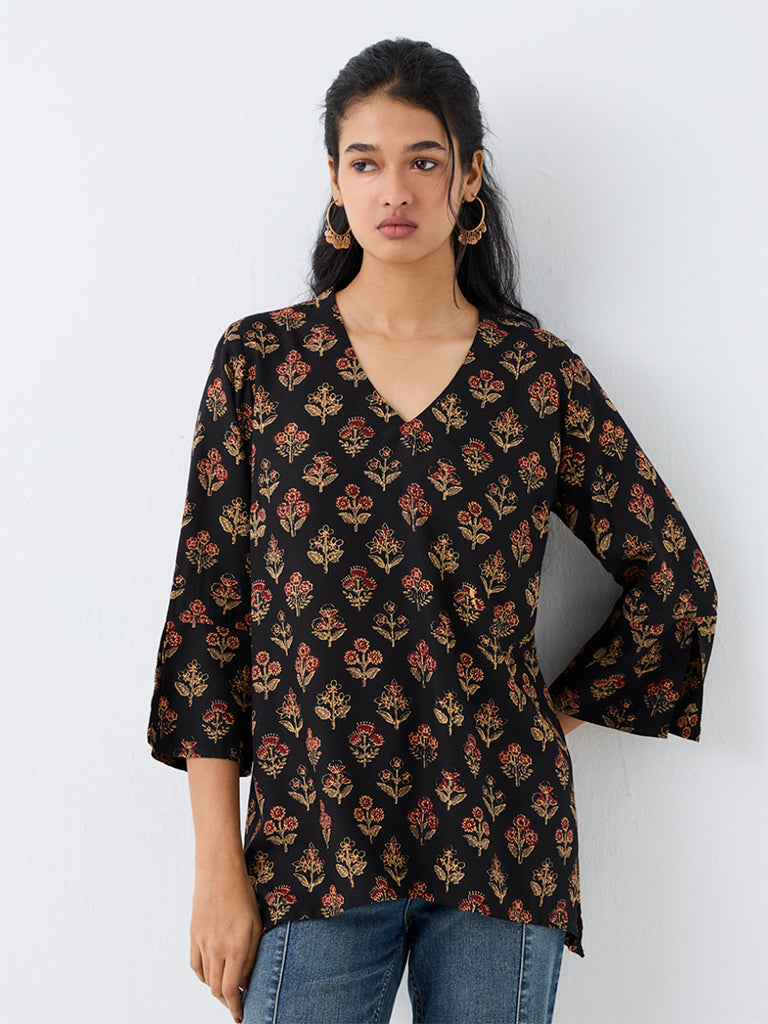 Utsa Black Floral Pattern Tunic