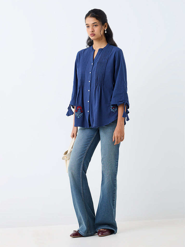 Utsa Indigo Pintuck Detailed Cotton-Blend Tunic