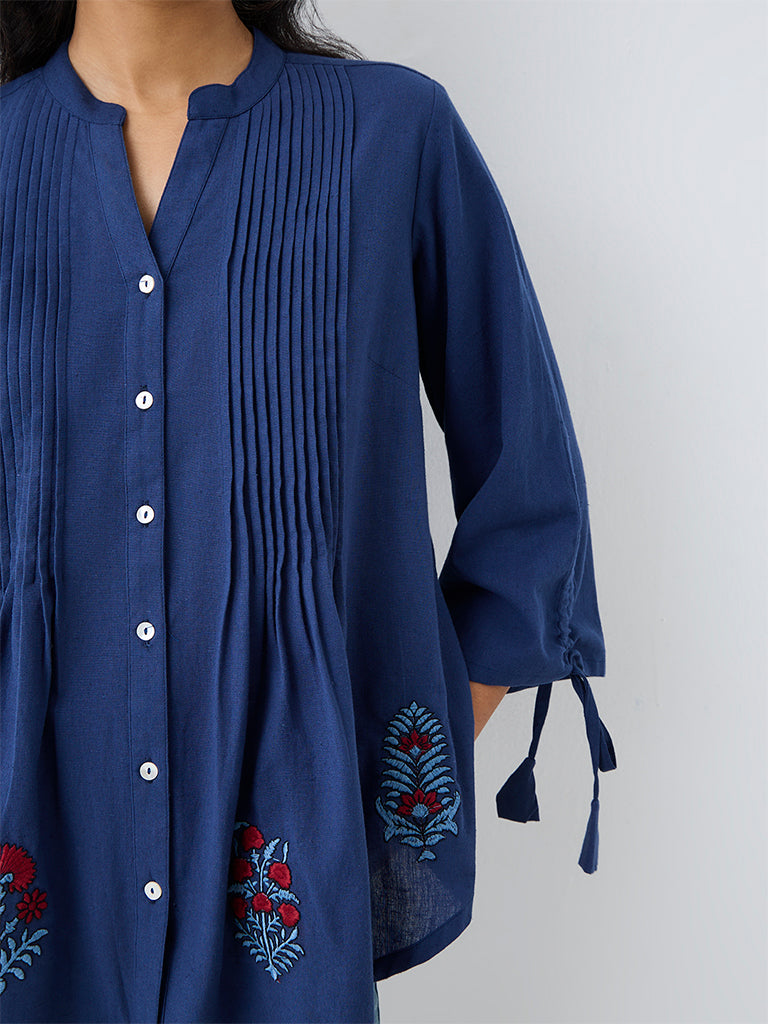 Utsa Indigo Pintuck Detailed Cotton-Blend Tunic