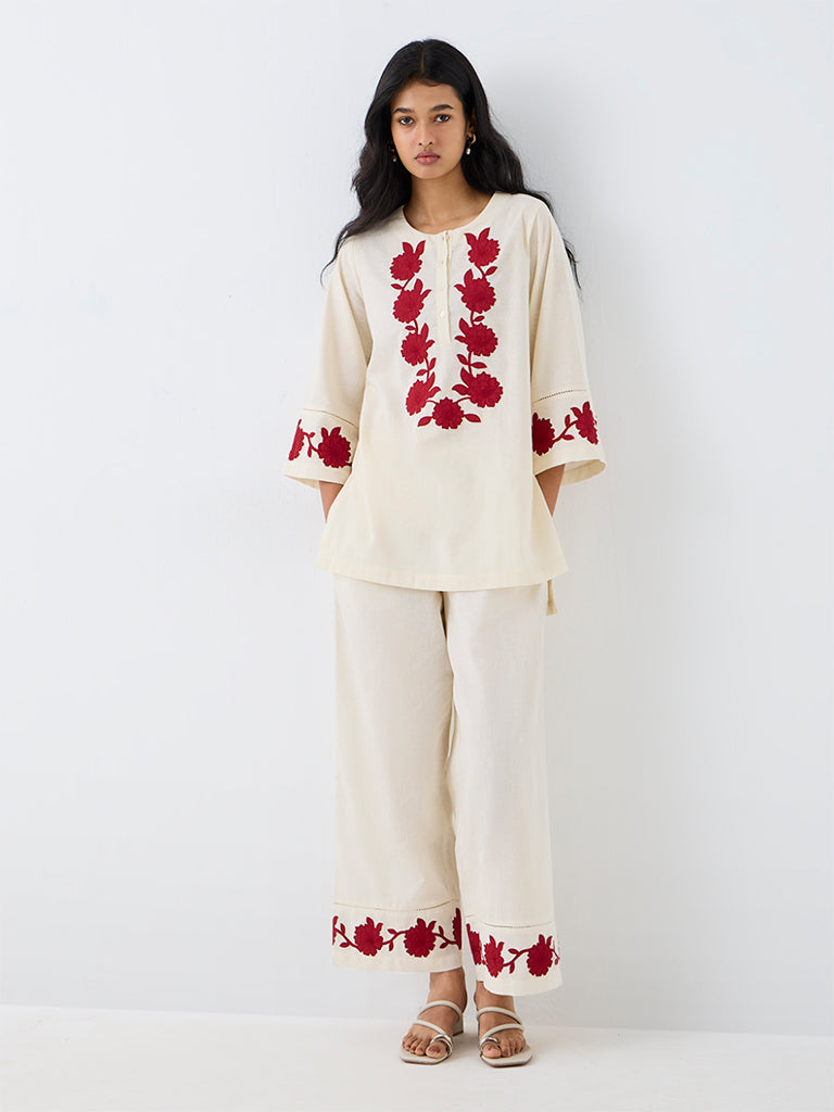 Utsa Beige Floral Embroidered Tunic
