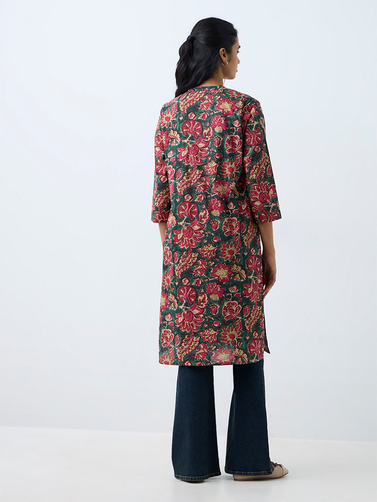 Utsa Red Floral Printed Cotton Straight Kurta