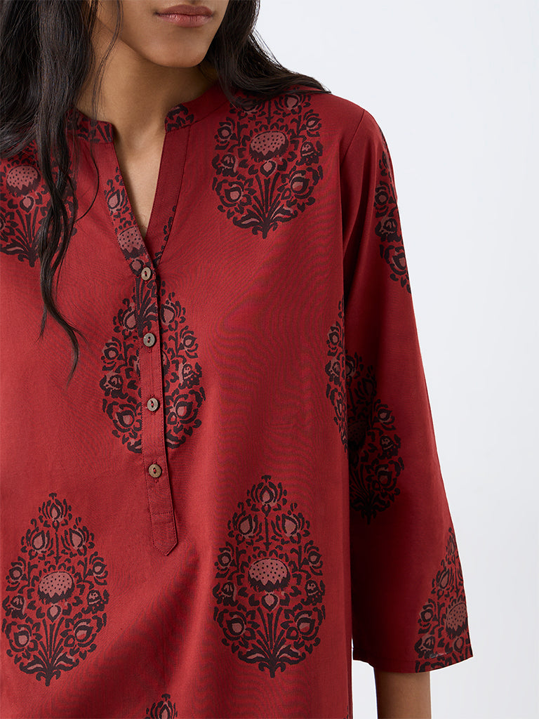 Utsa Rust Floral Printed Cotton Straight Kurta