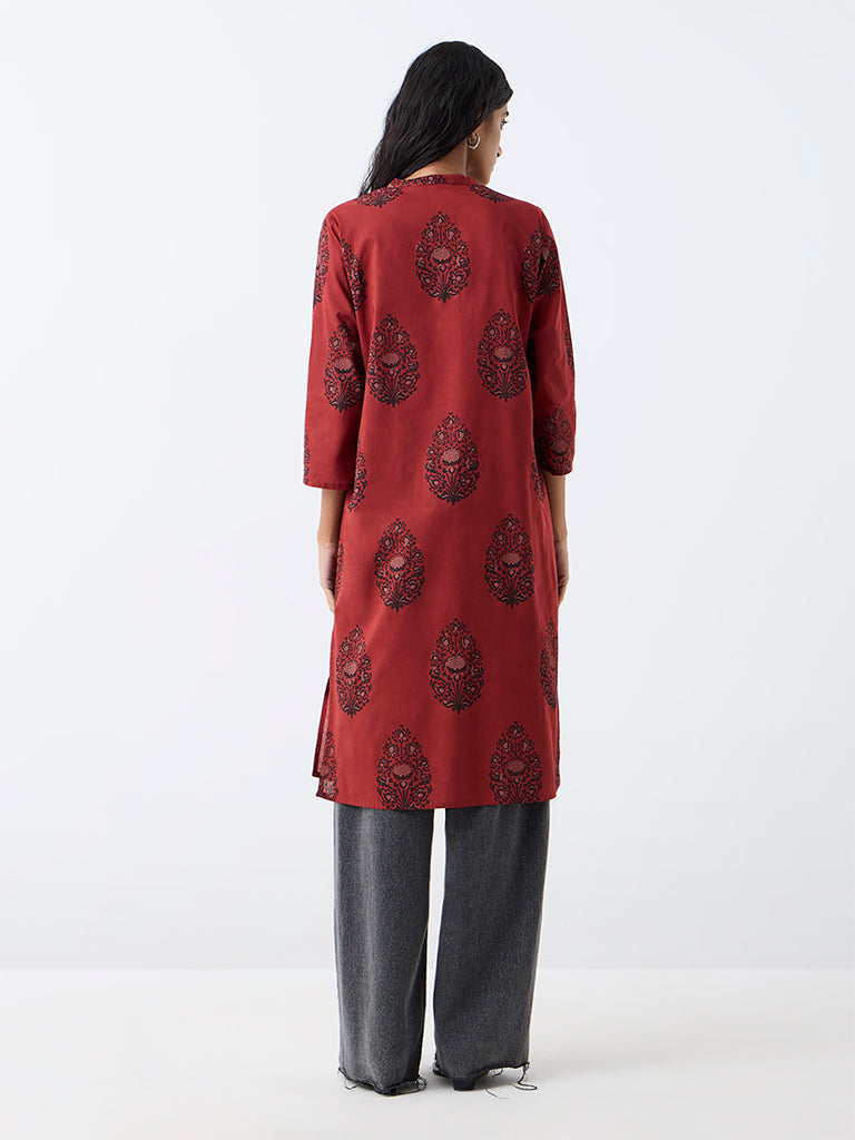 Utsa Rust Floral Printed Cotton Straight Kurta