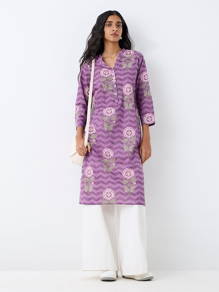 Utsa Purple Floral Printed Cotton Straight Kurta