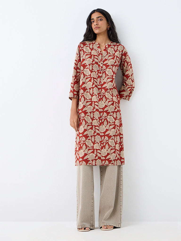 Utsa Rust Floral Printed Straight Kurta