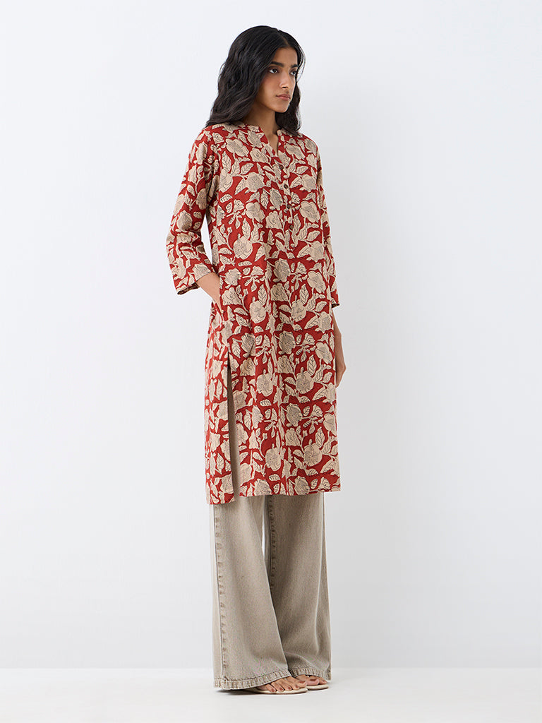 Utsa Rust Floral Printed Straight Kurta