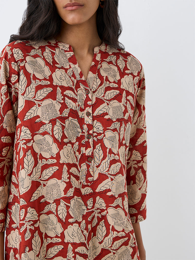 Utsa Rust Floral Printed Straight Kurta