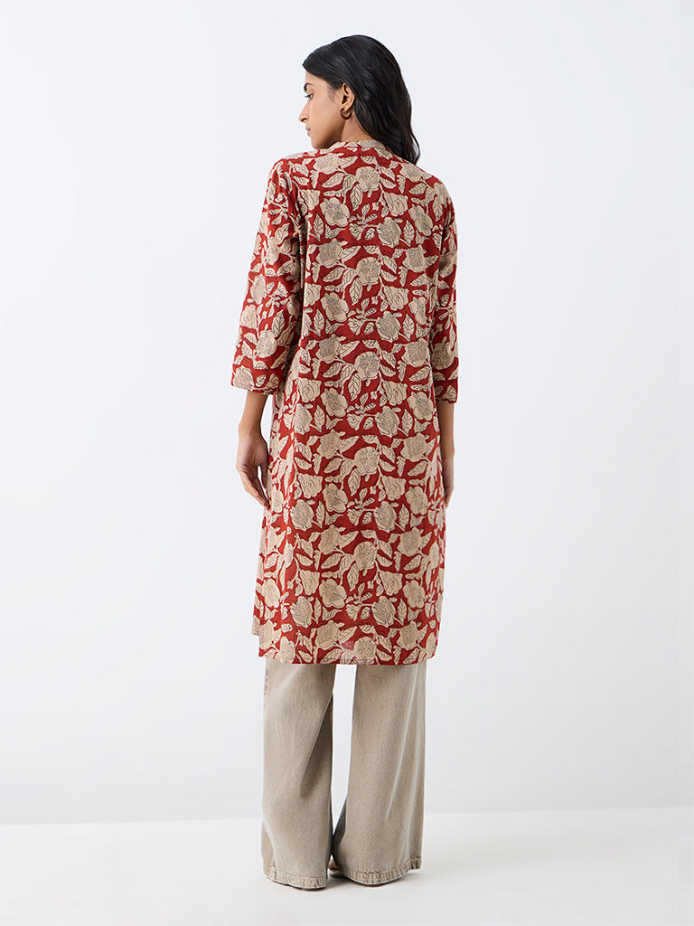 Utsa Rust Floral Printed Straight Kurta