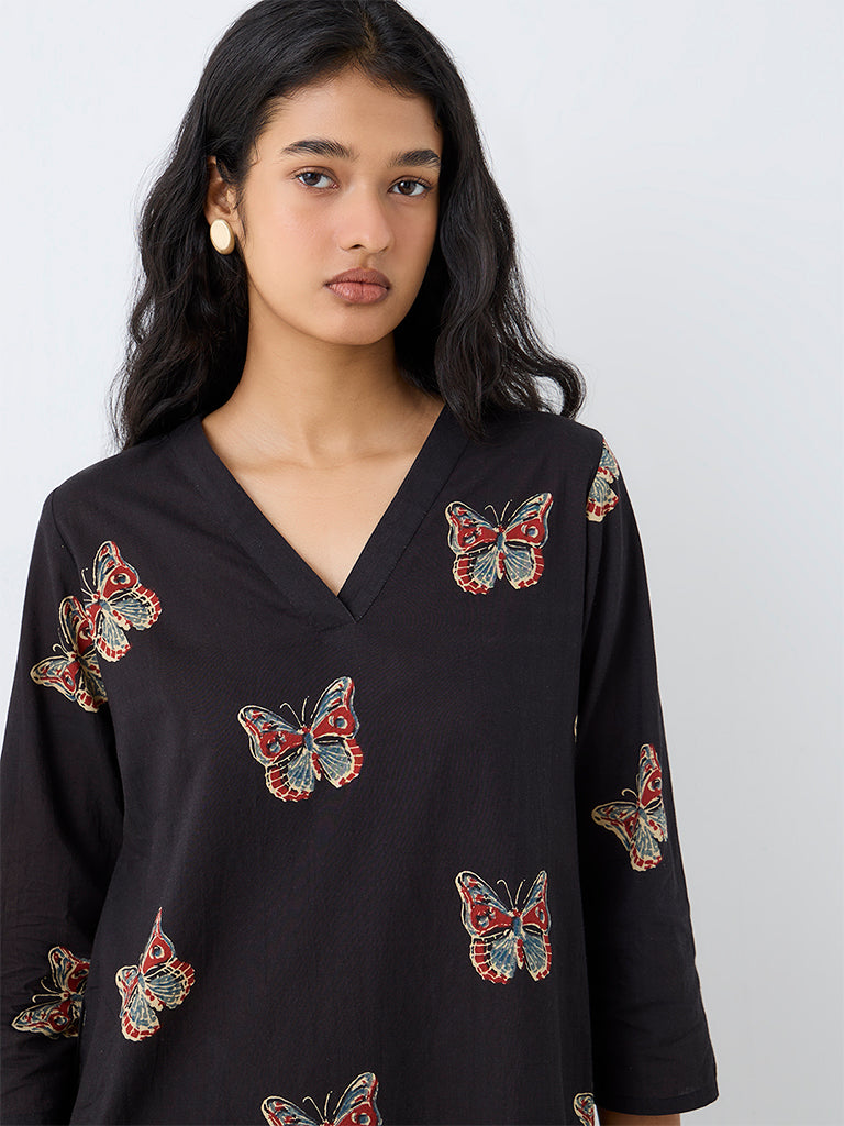 Utsa Black Butterfly Printed Cotton Straight Kurta