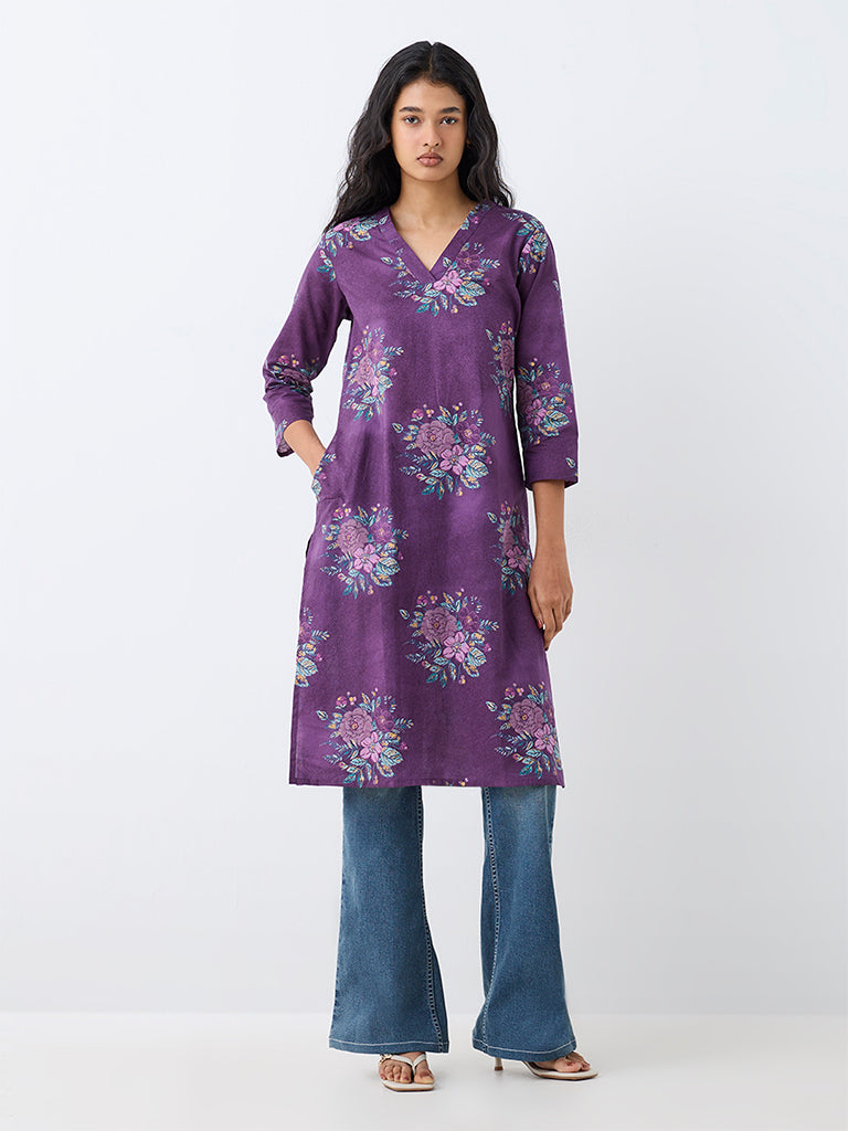 Utsa Purple Floral Printed Cotton Straight Kurta