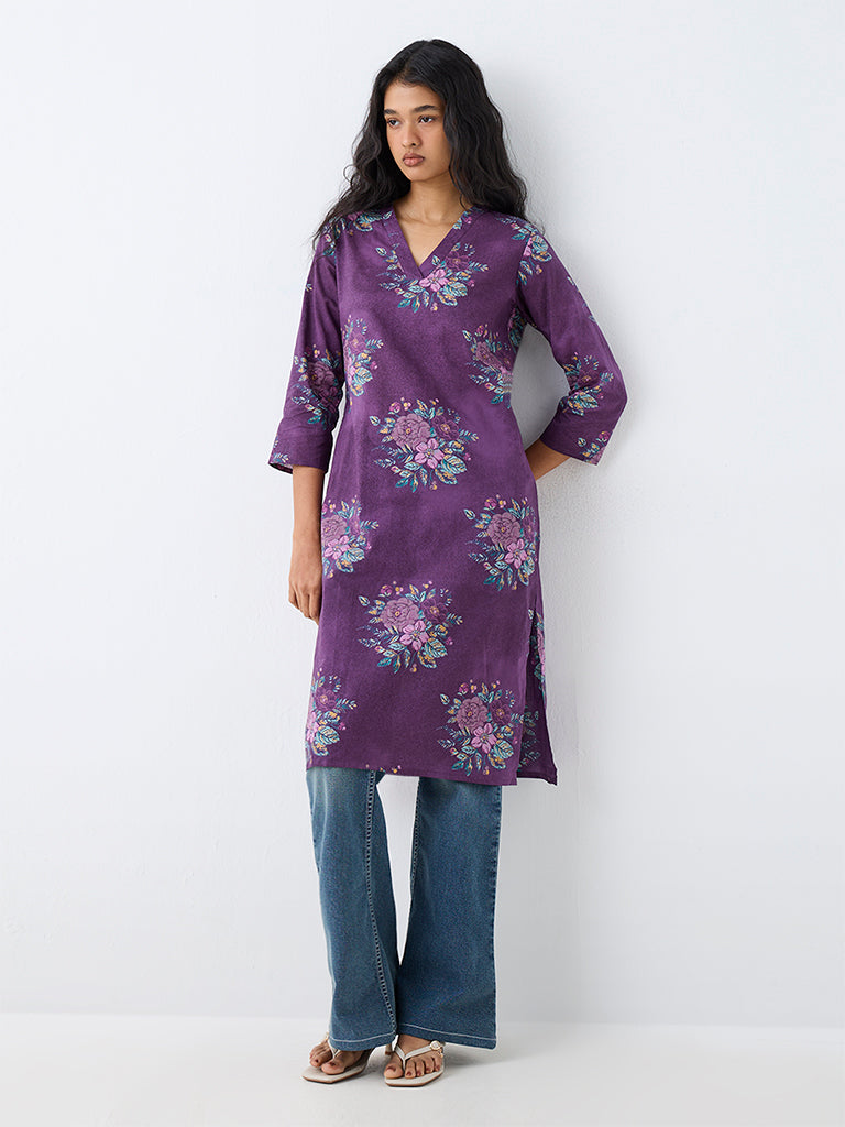 Utsa Purple Floral Printed Cotton Straight Kurta