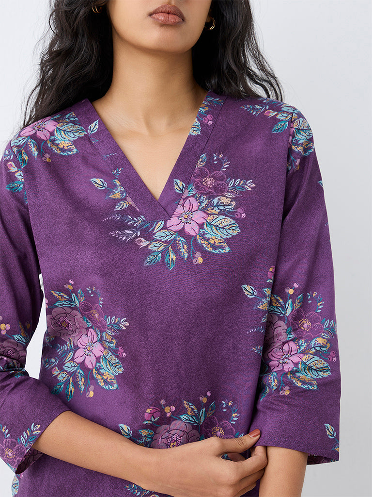 Utsa Purple Floral Printed Cotton Straight Kurta