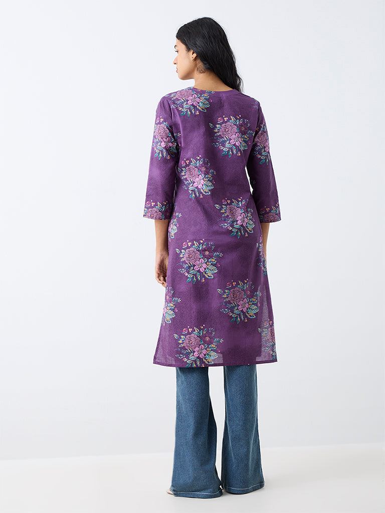 Utsa Purple Floral Printed Cotton Straight Kurta