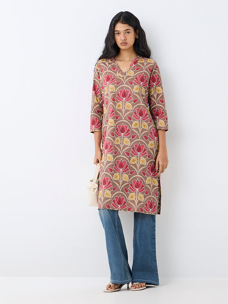 Utsa Brown Kalamkari Floral Printed Cotton Straight Kurta