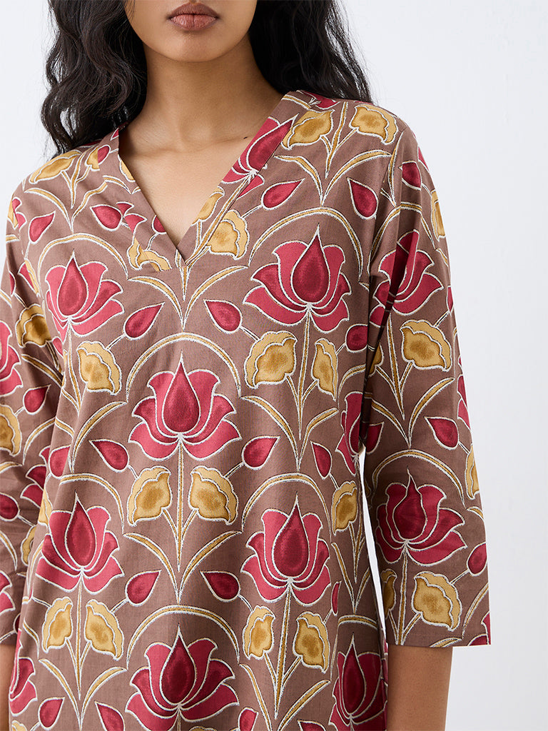 Utsa Brown Kalamkari Floral Printed Cotton Straight Kurta