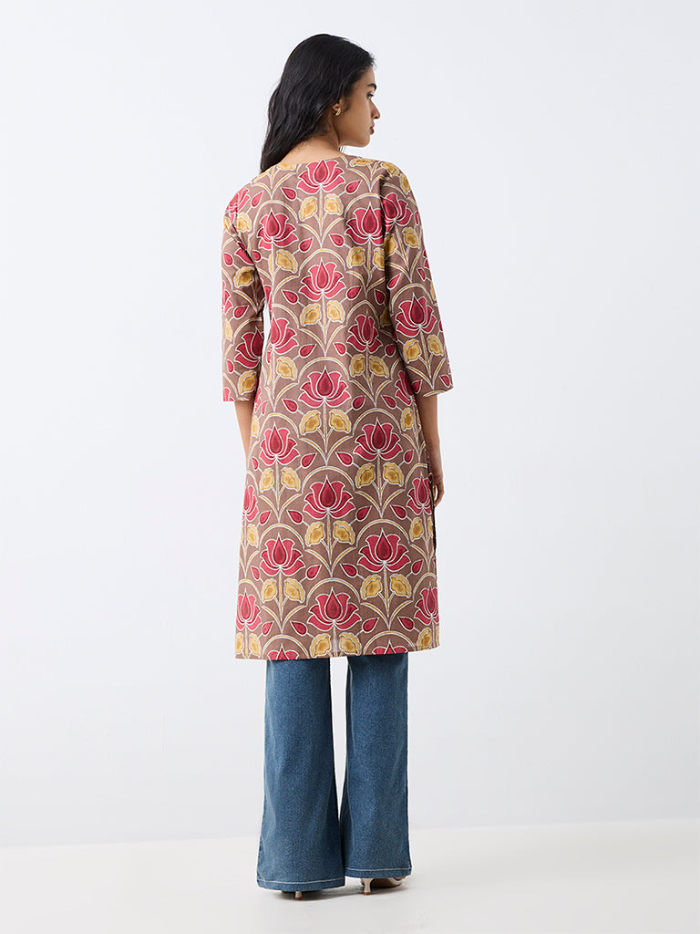 Utsa Brown Kalamkari Floral Printed Cotton Straight Kurta