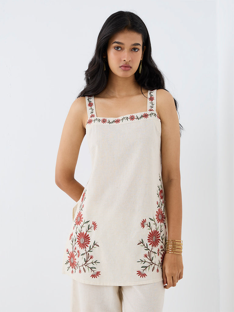 Utsa Off-White Floral Embroidered Cotton-Blend Tunic
