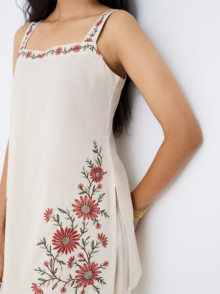 Utsa Off-White Floral Embroidered Cotton-Blend Tunic