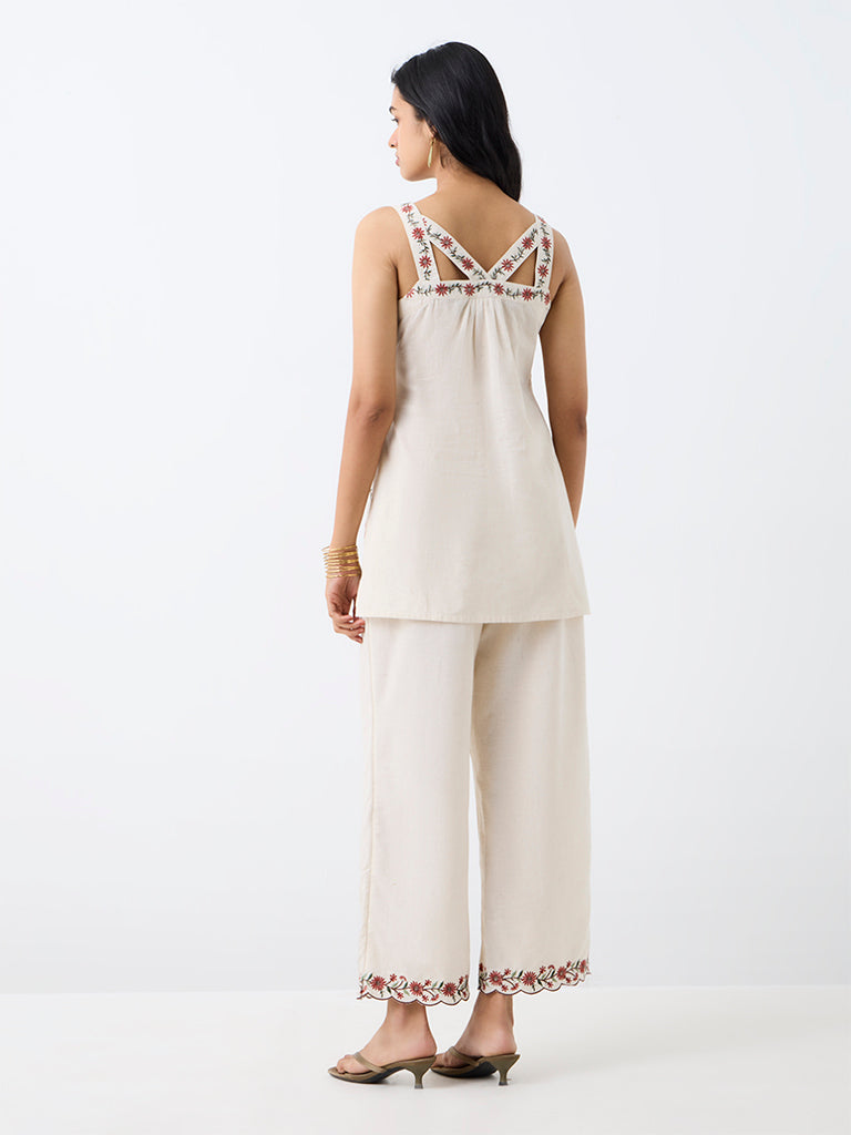 Utsa Off-White Floral Embroidered Cotton-Blend Tunic