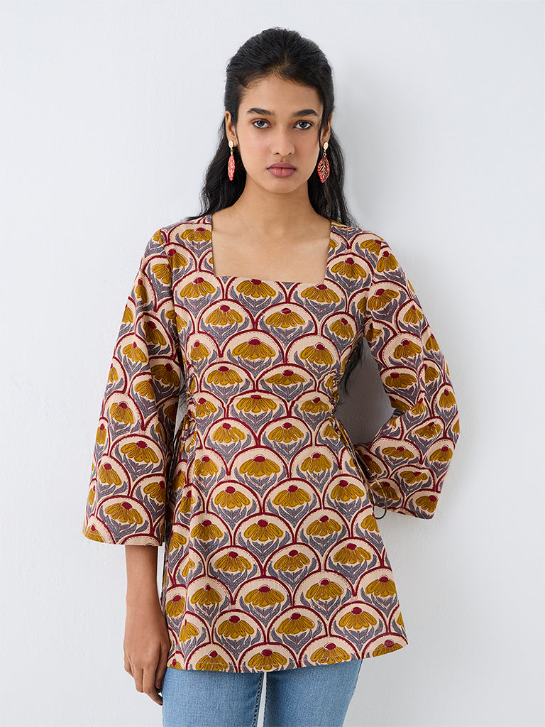 Utsa Light Brown Floral Design Tie-Up Detail Tunic