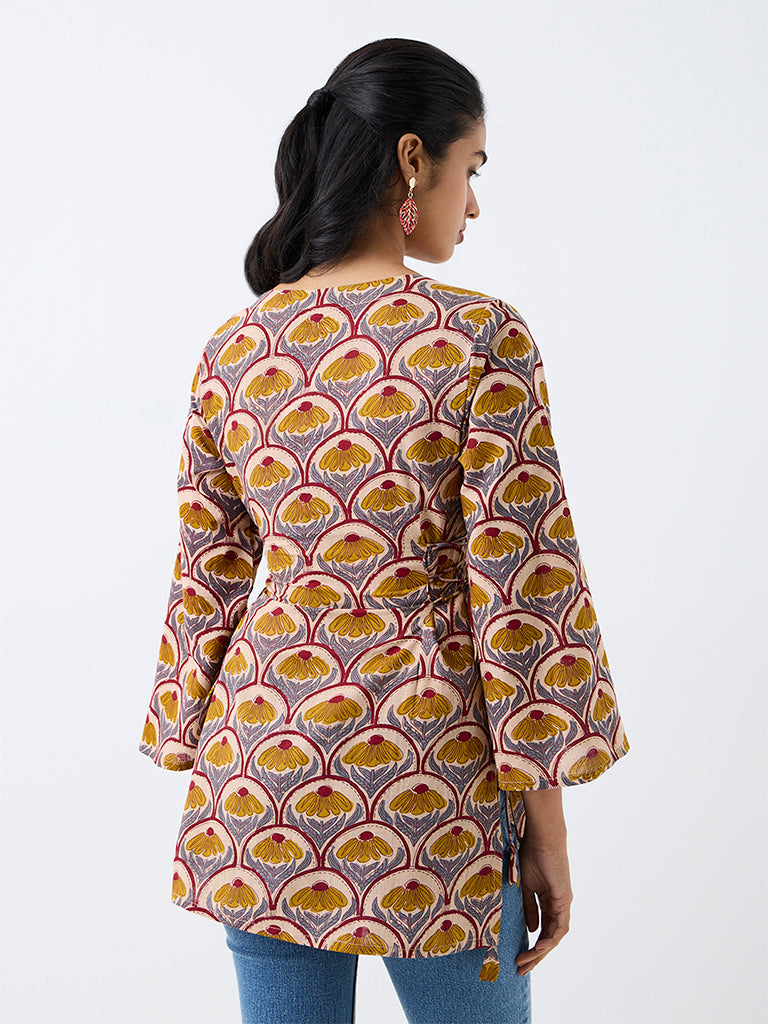 Utsa Light Brown Floral Design Tie-Up Detail Tunic