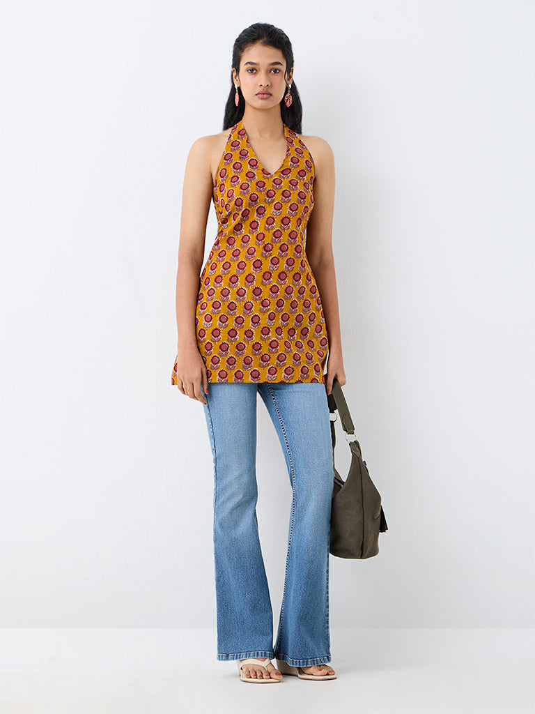 Utsa Mustard Botanical Design Straight Kurti