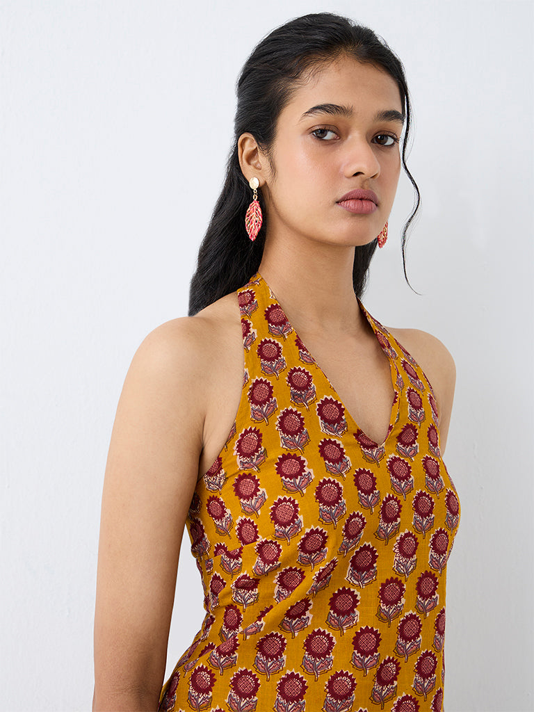 Utsa Mustard Botanical Design Straight Kurti