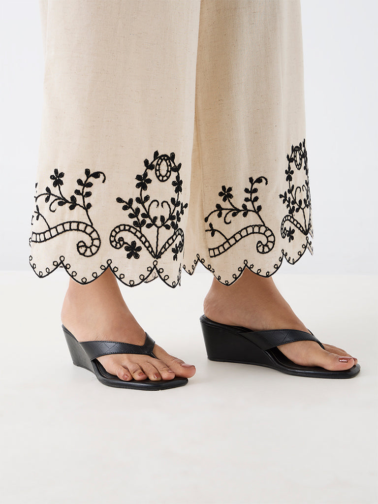 Utsa Beige Floral Embroidered Cotton-Blend Pants