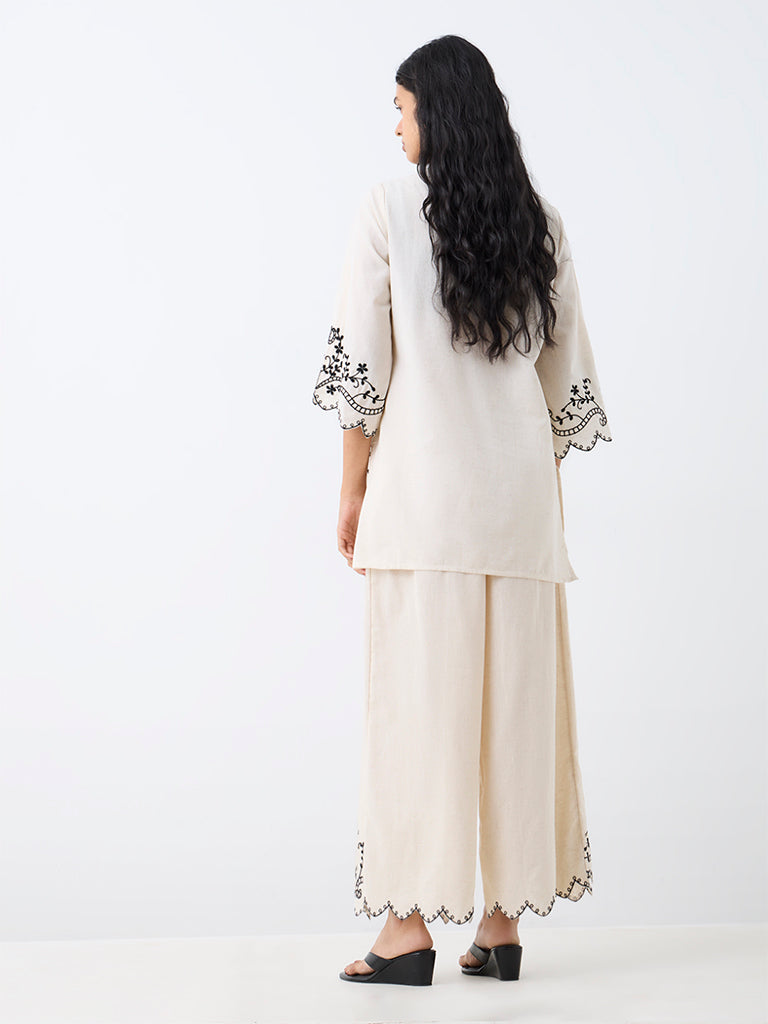 Utsa Beige Floral Embroidered Cotton-Blend Pants