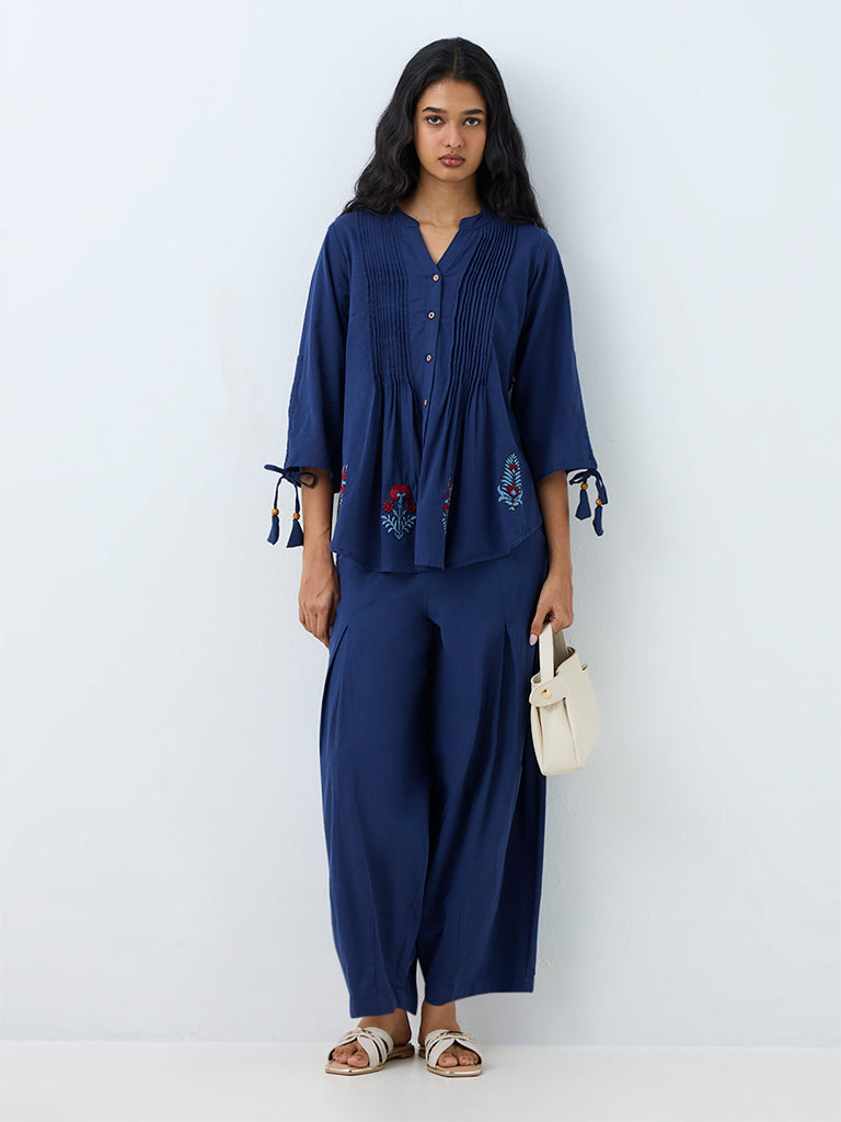 Utsa Indigo Pleated Cottton-Blend Palazzos