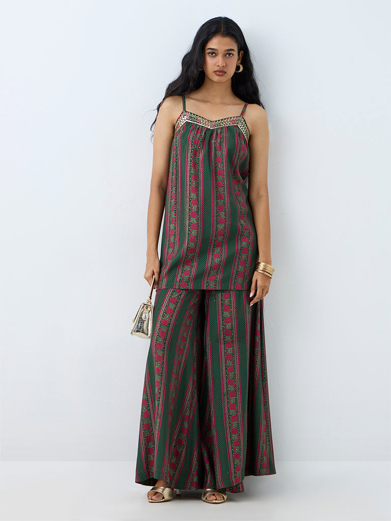 Utsa Green Floral Printed Flared Palazzos